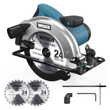 WESCO circular saw, 1400W hand-held circular saw with 24T 185mm circular saw blade, 5800rpm, max. cutting depth 65mm (90°), 45mm (45°), with guide rail, vacuum cleaner adapter, parallel stop on sale